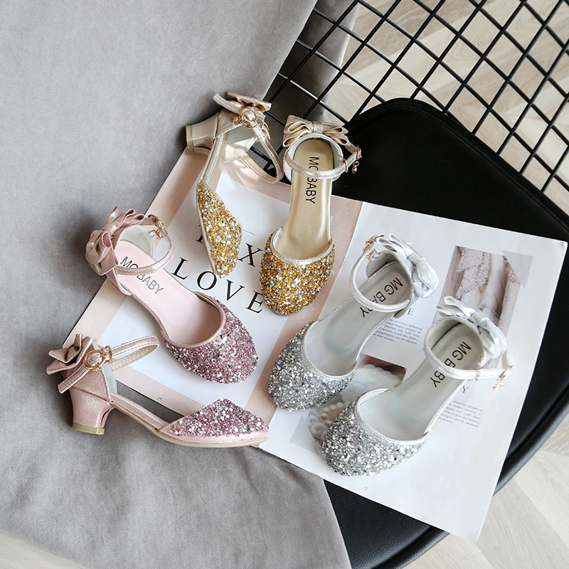 Zapatos princesa con lentejuelas para niña, Sandalias de tacón bajo con lazo bonito, zapatos de fiesta, talla 35, SMG077|Sandalias| - AliExpress