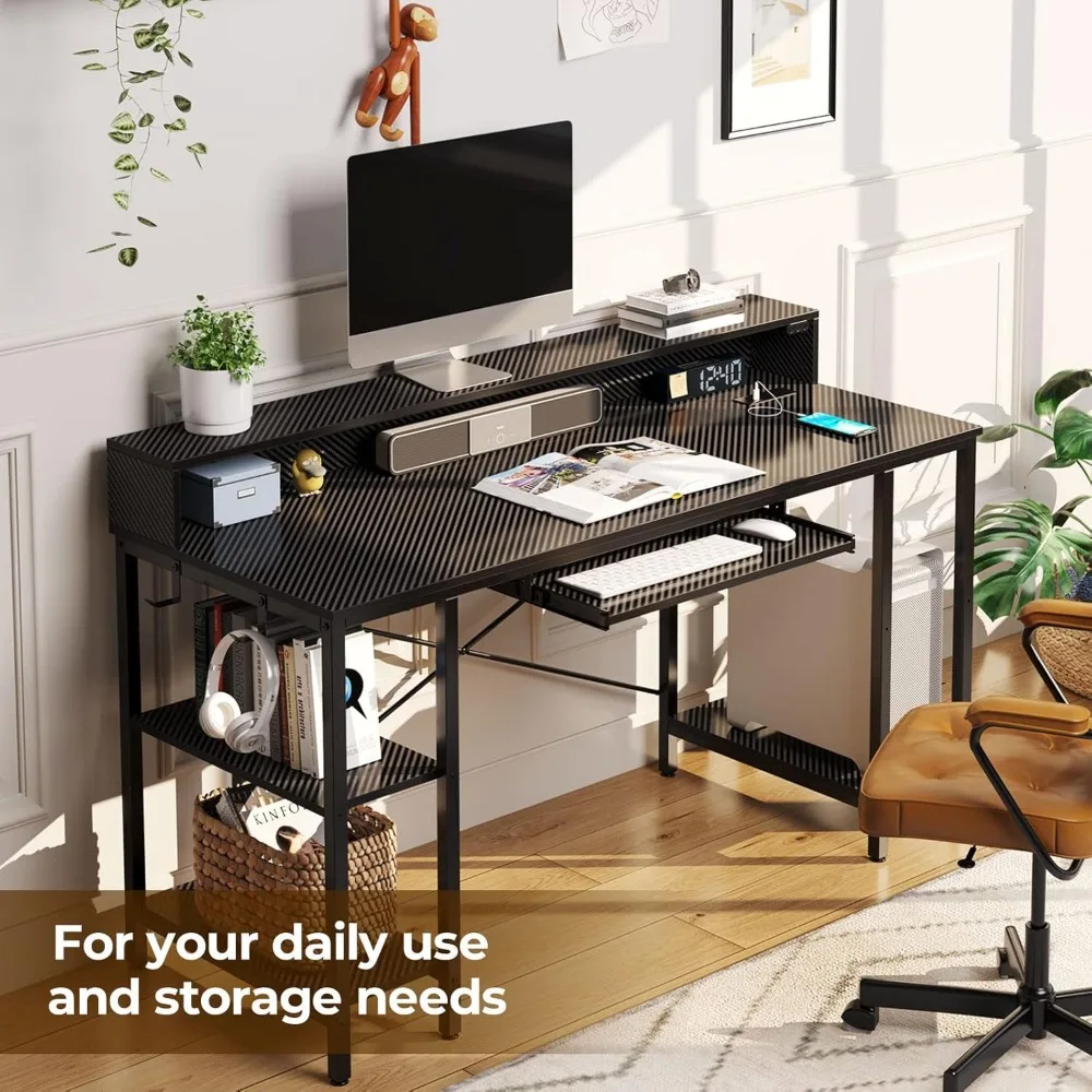 Computer Desk with LED Lights & Power Outlets, 54” Gaming Desk with Storage Shelves, Home Office Desk with Keyboard Tray 6