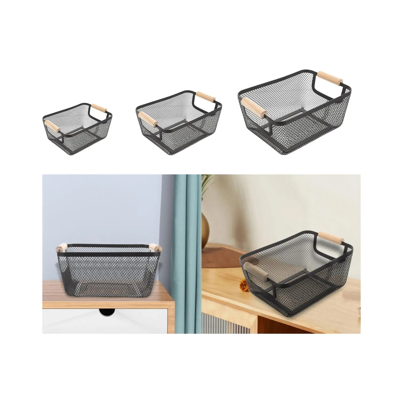 Metal Wire Bin Basket with Wooden Handle Multifunctional Countertop Organizer Portable for Living Rooms Breathable Lightweight 3