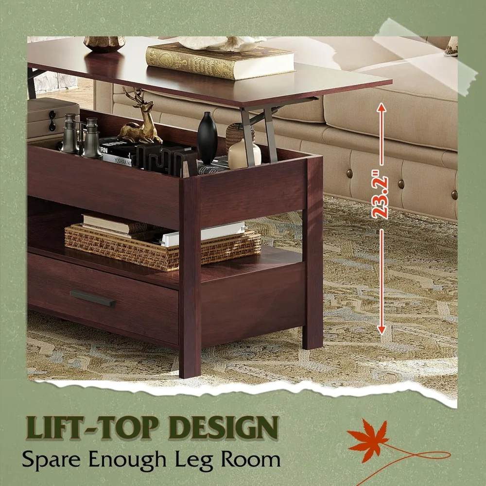 Coffee Table, 39" Lift Top Coffee Table with Hidden Compartment, Storage Drawers and Storage Shelf for Living Room, Reception 5