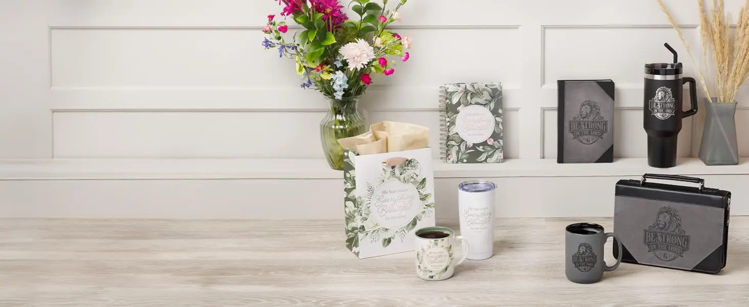 Gift collections for men and women coordinating gifts travel ceramic mugs Bible covers gifting bags