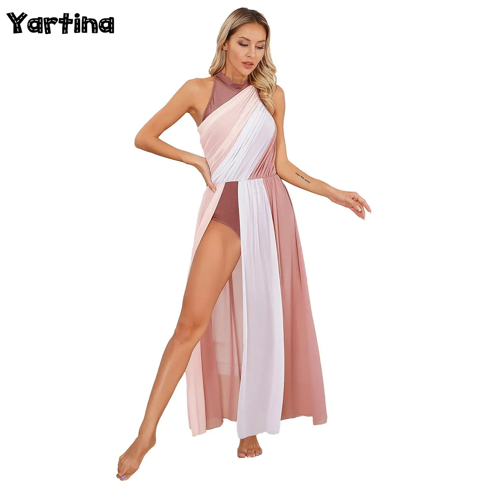 

Women Modern Lyrical Dance Dress Ballet Gymnastics Skating Performance Dancewear Sleeveles Sheer Mesh Split Leotard Maxi Dresses