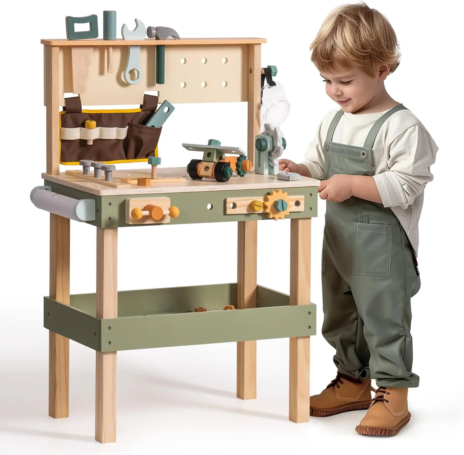 Robud Wooden Kids Tool Bench Toy Play Workbench with Tool Belt Drawing Paper for Construction Play Perfect for Kids Ages 3-5