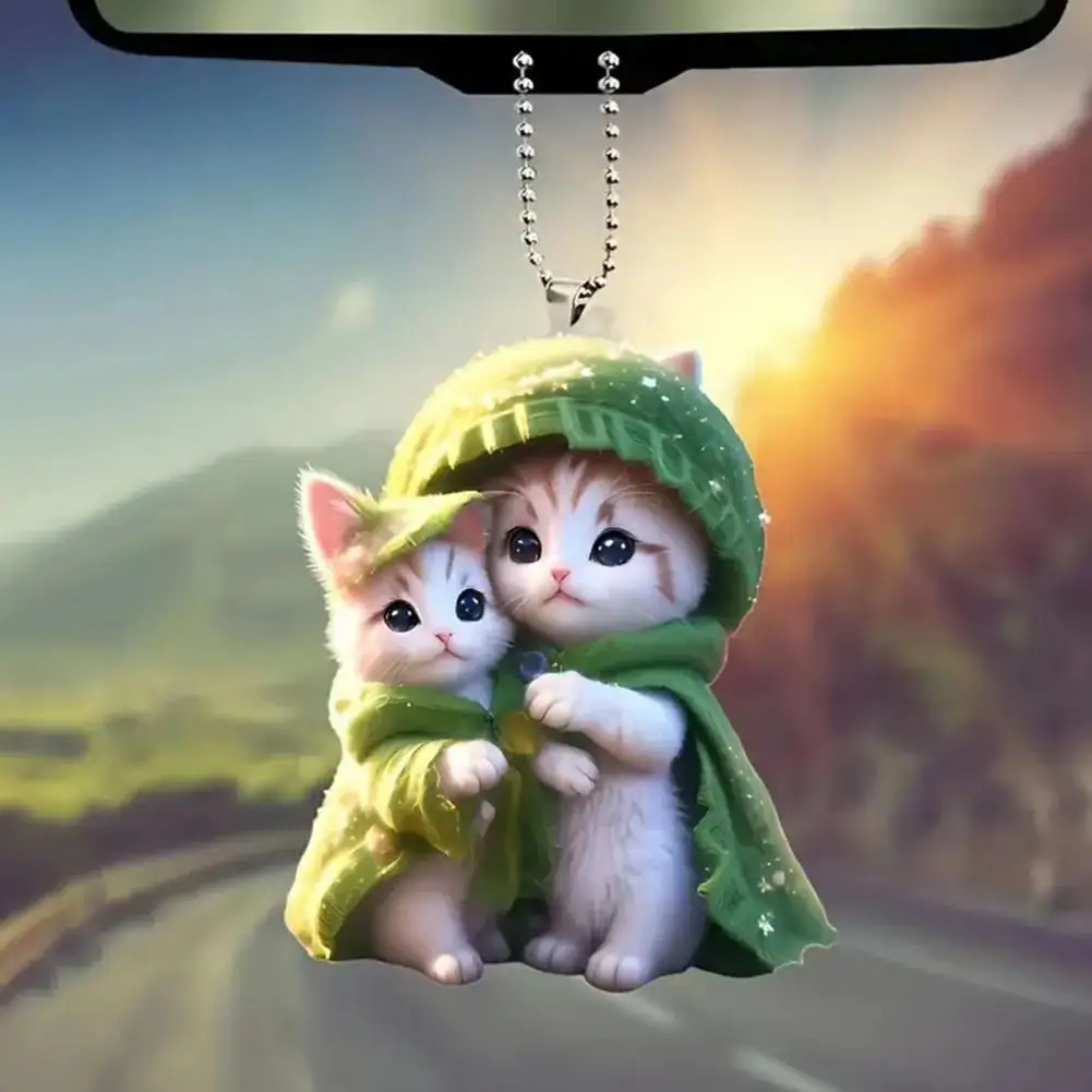 2D 고양이 매달려 장식 자동차 백미러 펜던트 끈으로 매달기 쉬운 동물 모양의 크리스마스 트리 펜던트