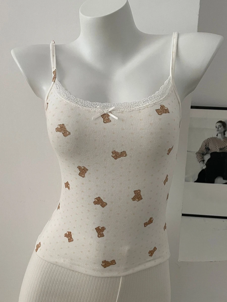 Floral Eyelet Lace-Trim Bow Tank Top - Women's Slim Cotton Camisole