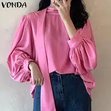 

VONDA Women Long Sleeve Pleated Tops Spring Autumn Lace-up Solid Blouses Stand Collar Blusas Femininas Party Streetwears