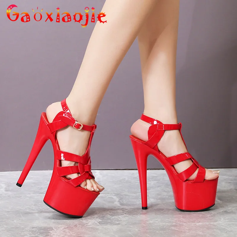 

Fashion T-Belt Thick Platform Sandals Women Summer Patent Leather Pole Dance Shoes Nightclub Sexy 17CM High Heels Plus Size 43
