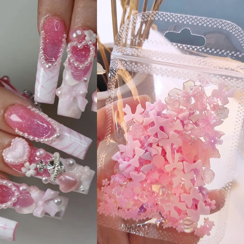 1Bag Mix Colorful Jelly Clear Ribbon Bowknot Nail Charms Heart Pearls Flower Flat-back Gems Parts Nail Art Manicure Decorations 3