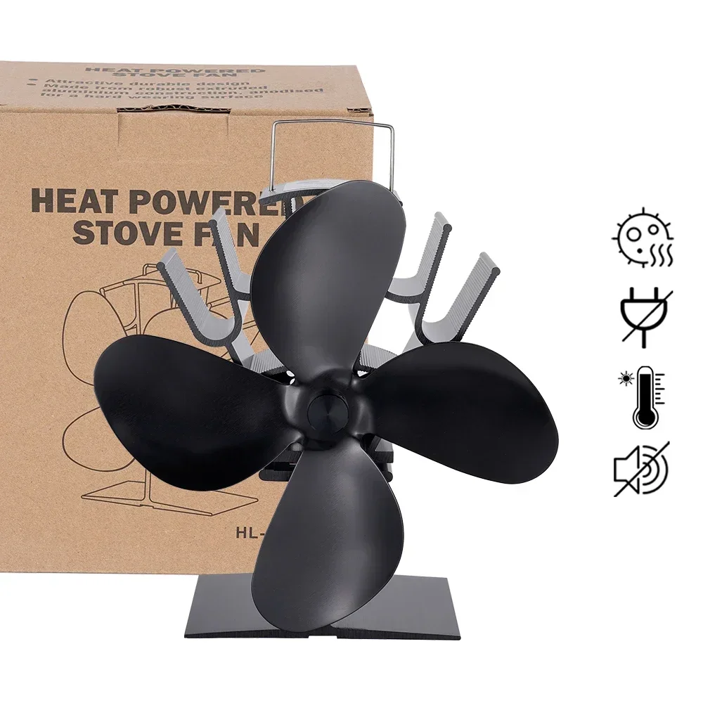 Black Fireplace Fan 4 Blade Heat Powered Stove Fan komin Log Wood Burner Eco Friendly Quiet Home Efficient Heat Distribution Fireplace Fan