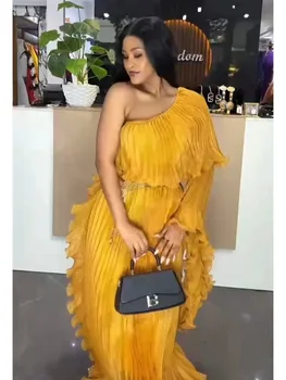 Miyake Fashion Design Dress Spalla inclinata Tinta unita Allentato Abbigliamento donna Abiti eleganti di media lunghezza 2025 Estate Nuovo 1