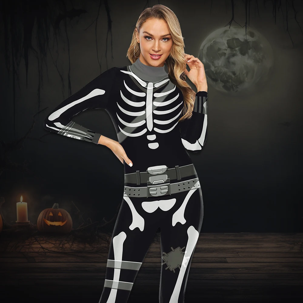 

Zawaland Cosplay Costume Skeleton Steampunk Print Women Jumpsuit Purim Holiday Zentai Bodysuit Halloween Carnival Party Clothing