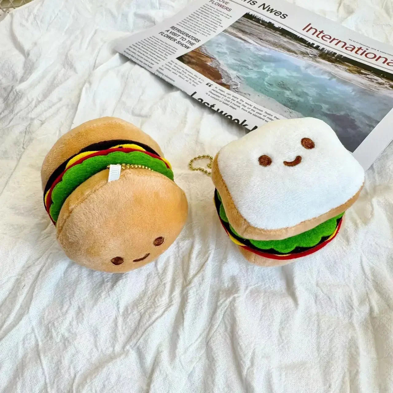 Korean Q Version Simulation Food Hamburger Three Mentally Plush Doll Wall Hanging Toy Expression Bag Toast Keychain PP Cotton Fi
