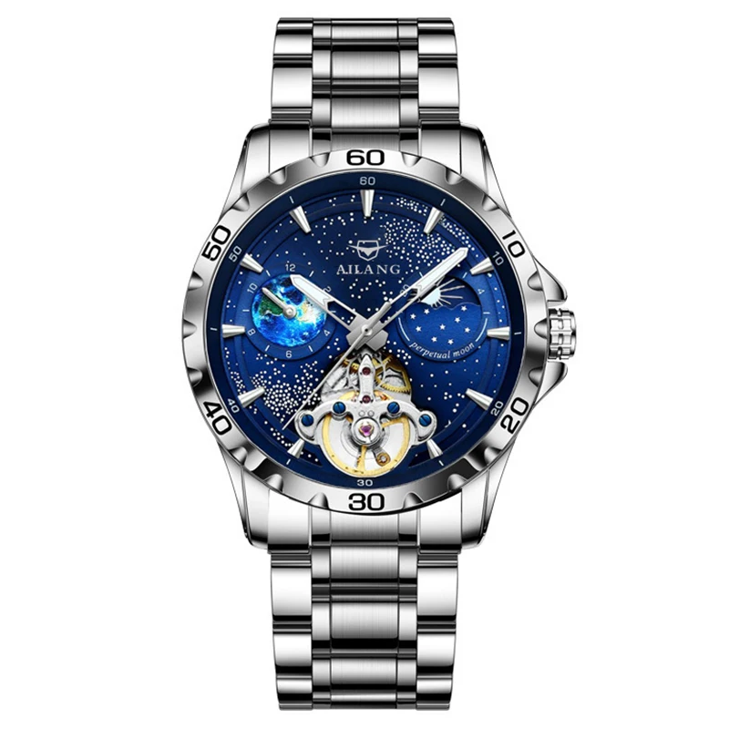 AILANG Fashion Blue Starry Sky Mechanische Uhr für Herren, luxuriöses Lederarmband, wasserdicht, leuchtend, automatische Tourbillon-Uhren_voghion.com