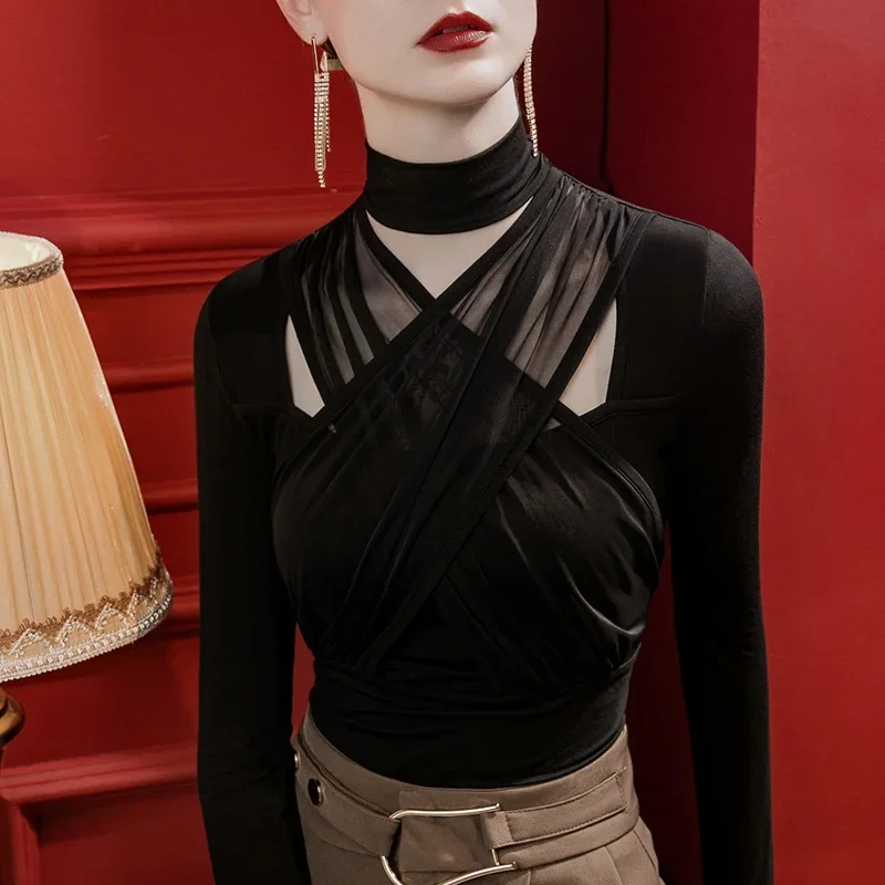 

Autumn Winter Women Long Sleeve Hollow Out Turtleneck T-shirts Mesh Splice Perspective Black Sexy Tops Modal Slim Fit Bottom Tee