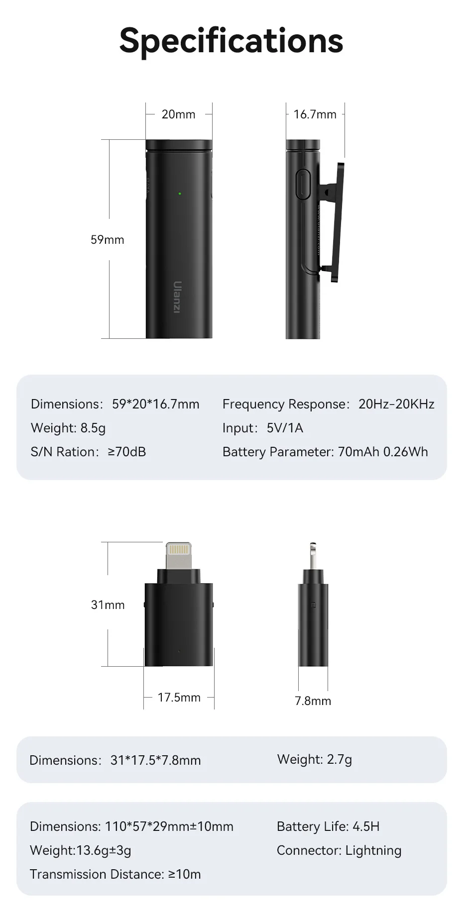 Ulanzi VM-10 Wireless Clip-on Microphone 3-Level Noise Reduction Mic With Lightning Connector For iPhone Vlog Live Streaming