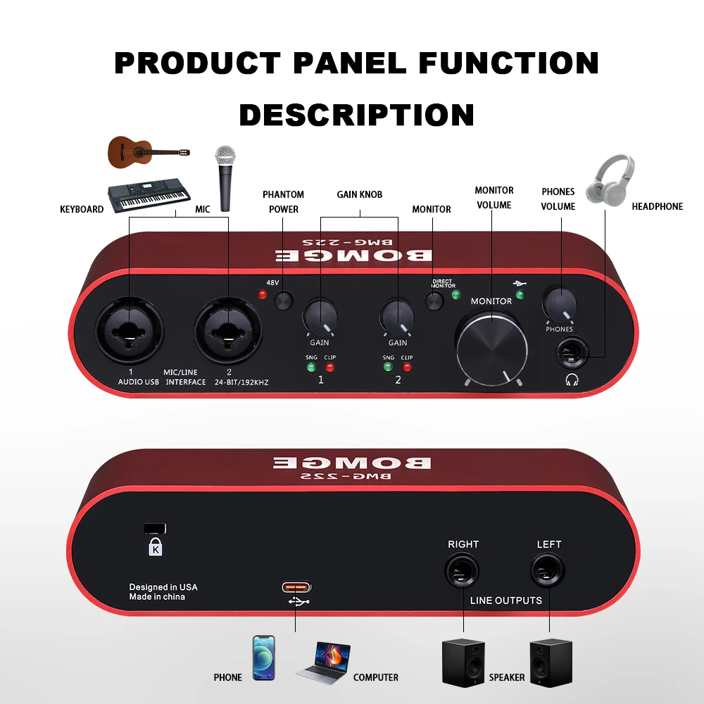 32Bit/192kHz 1 2channel USB Audio Interface With XLR 48V Phantom Power For Audio Mixer Interface Studio Recording Guitarist PC