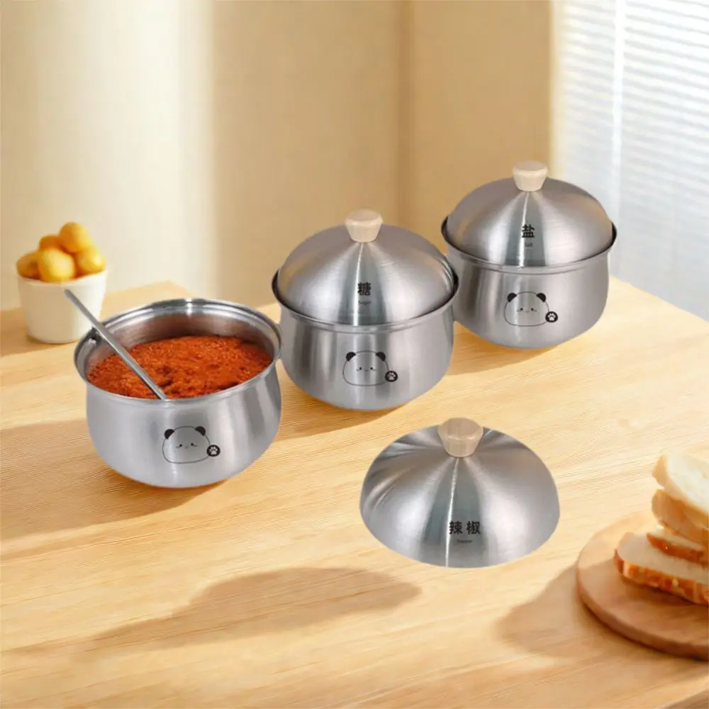 Description Picture 6 of itemSilver Stainless Steel Sugar Bowl Dustproof Large Capacity Kitchen Condiments Pot with Spoon Lid Waterproof Salt Organizer
