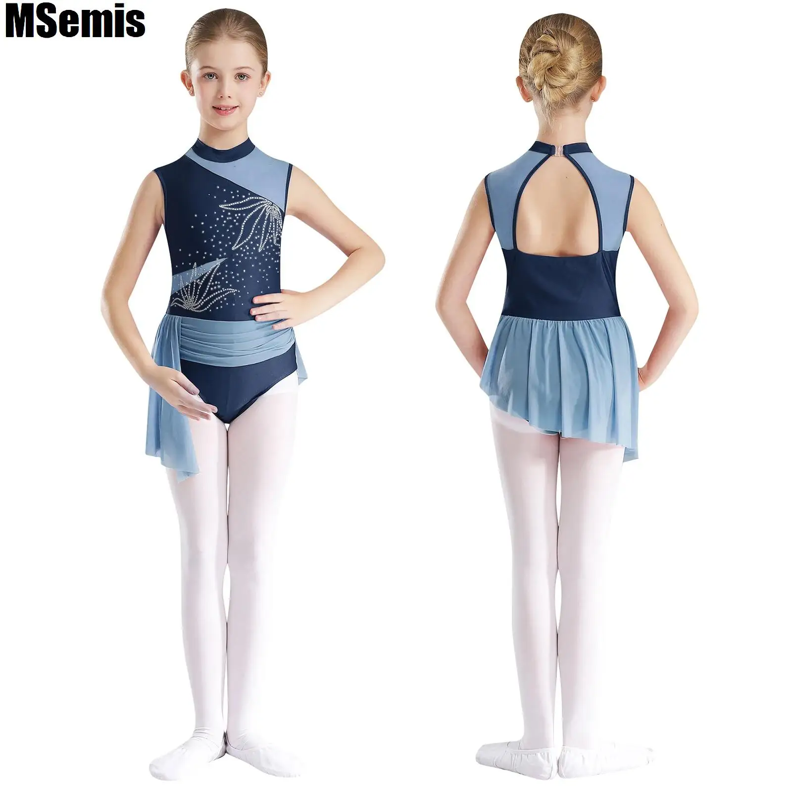 

Kids Girls Flowers Pattern Skirted Dance Leotard Sheer Mesh Patchwork Sleeveless Cutout Back Bodysuit for Figure Skating Dance