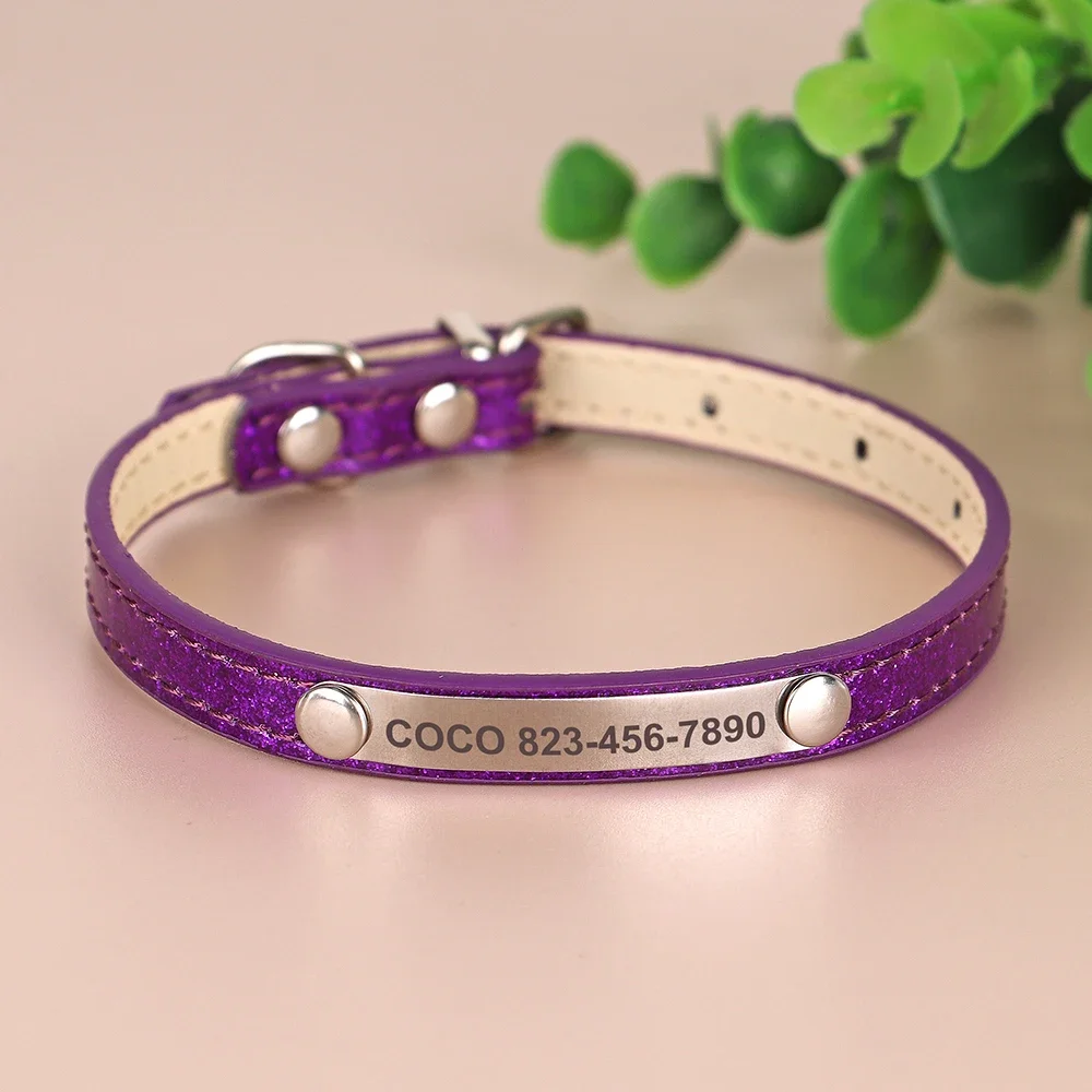 Custom Bling Leather Cat Collar with Engraved ID Nameplate for Cats & Small Dogs