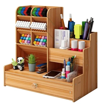 Organizzatore da Scrivania in Legno Fai-da-Te, Portapenne con Ampia Capacità, Scatola Portaoggetti con Cassetto per Casa, Ufficio e Scuola