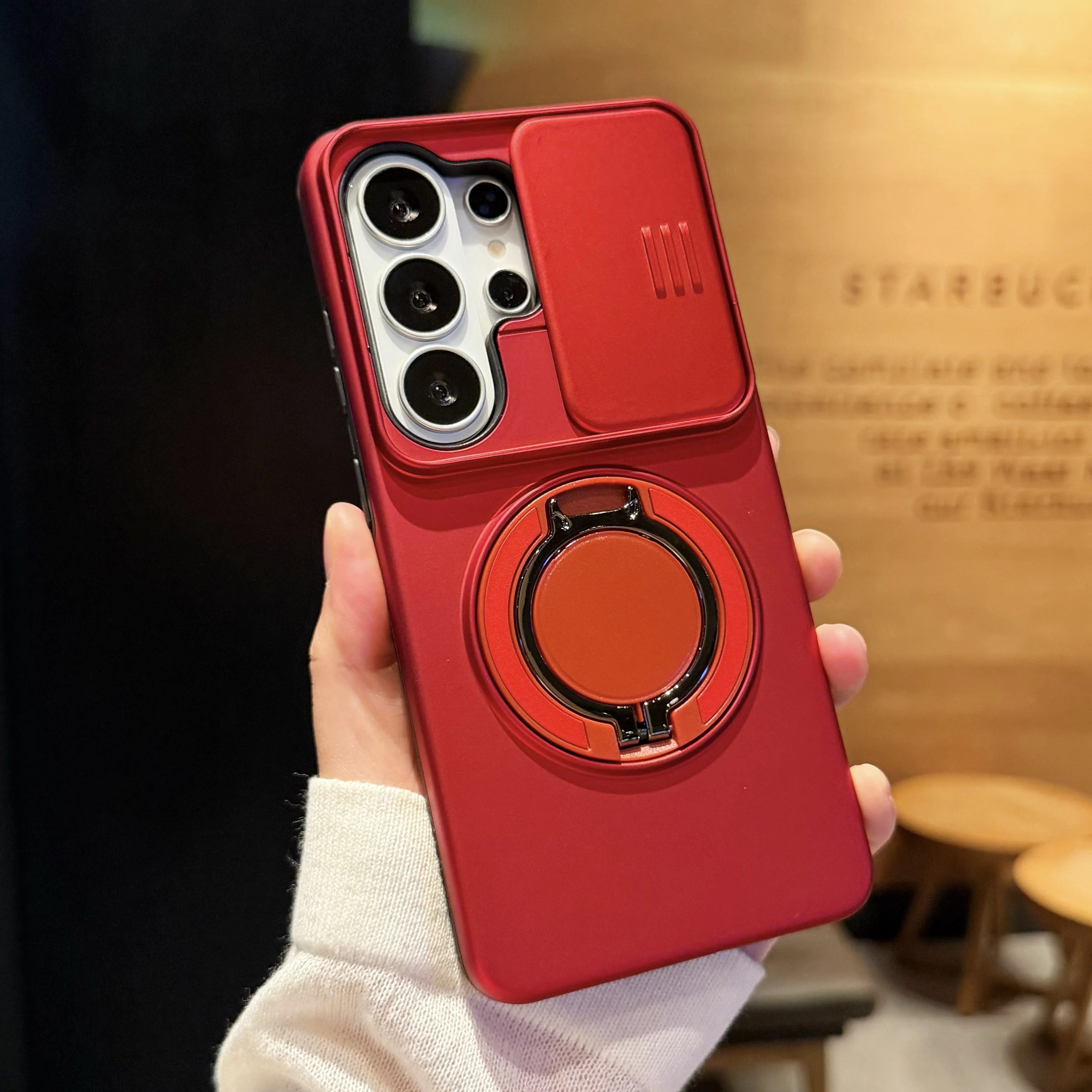 Magnetic Ring Stand Phone Case with Slide Camera Lens Protection and Dual Material Design