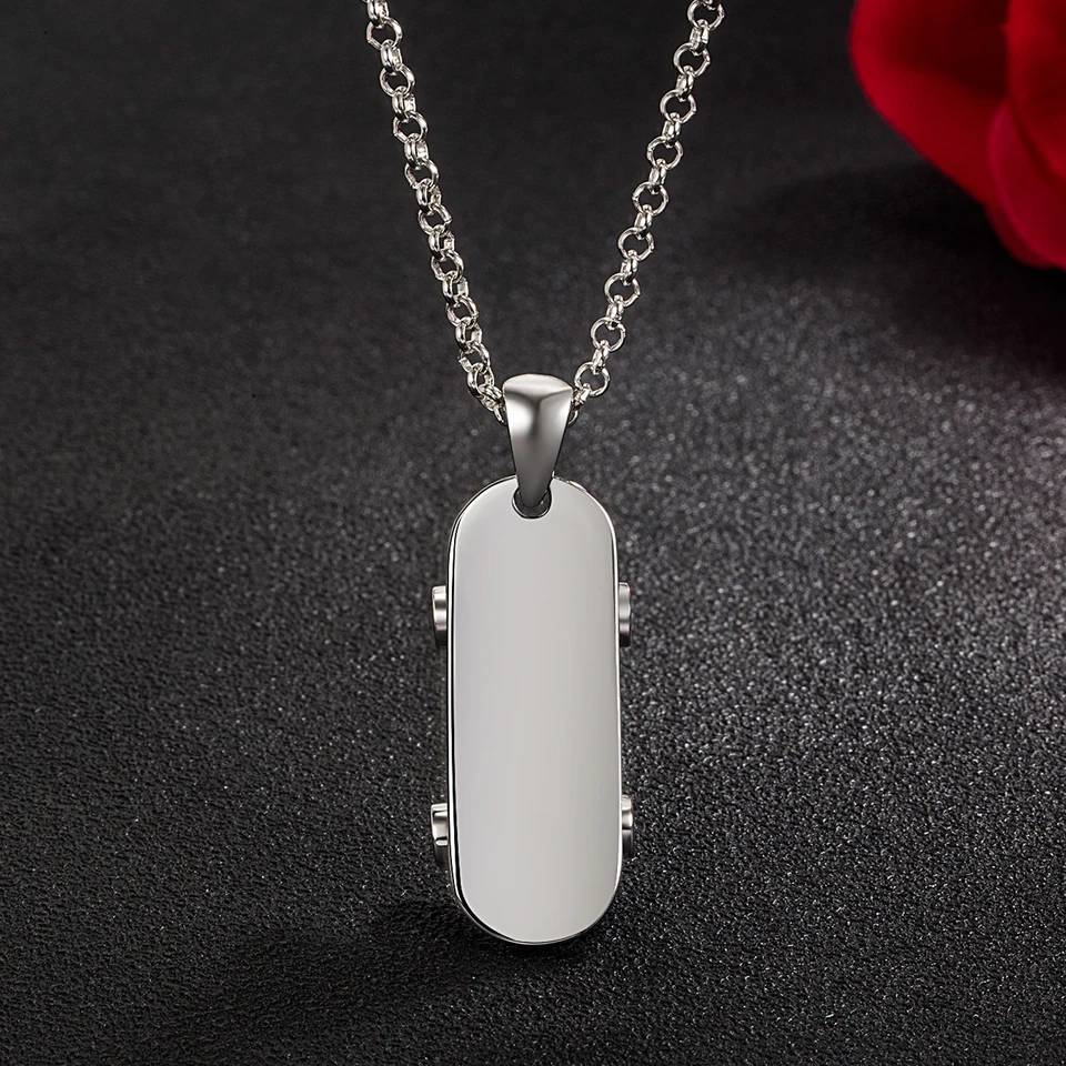 Skateboard Necklace For Men & Women - Stainless Steel Punk Pendant With CZ Wheels, 18-22" Chain