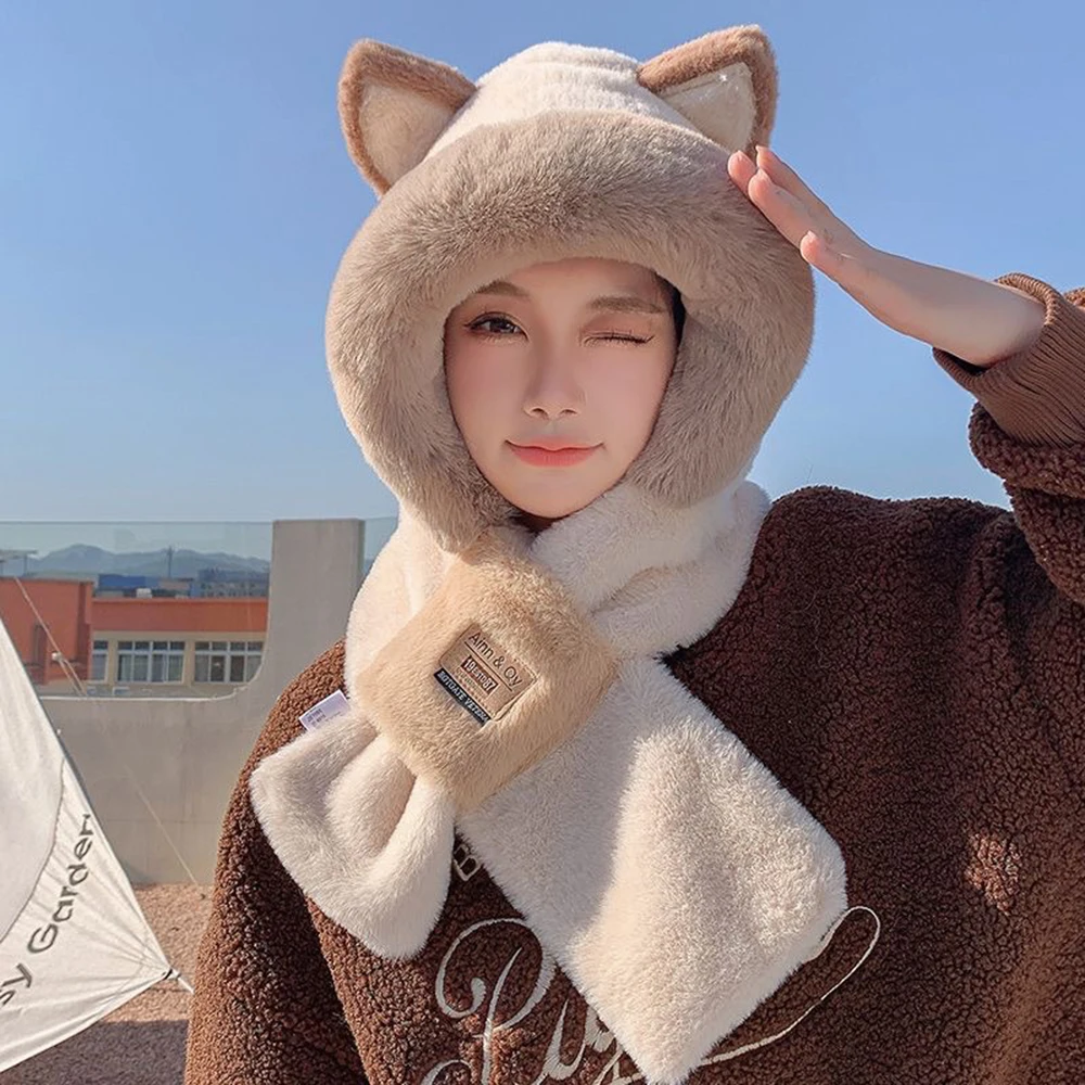 Cute Little Bear Scarf Hat Warm One Piece Hat Female Winter Student Lamb Hair Korean Version Hooded Mask Plush Hat 3
