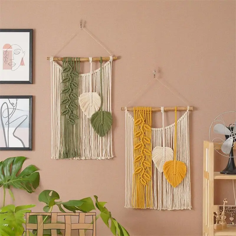 

Hand-woven Macrame Green Leaves Tassel Tapestry Wall Hanging Bohemia Tapestry Room Hangings Mini Tapestry Decor