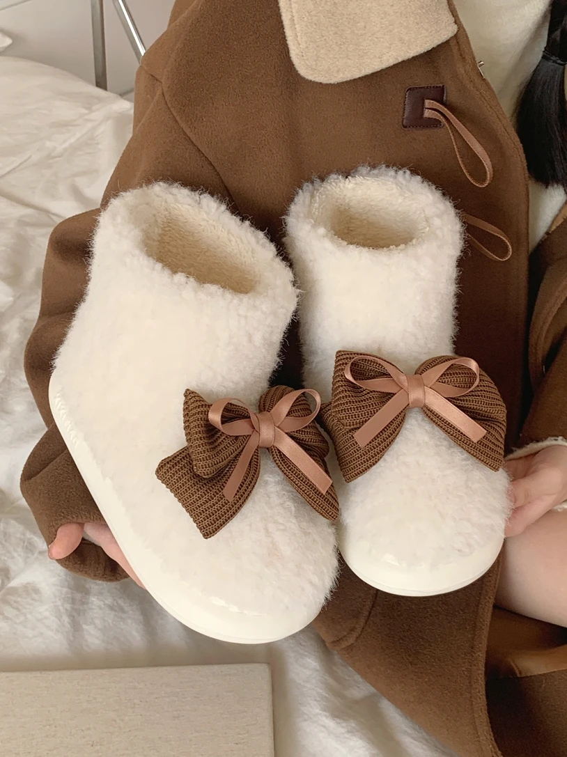 Knitted Ribbon Bow Home Boots Lamb Wool Cotton Shoes For Women's Man Winter Outwear Versatile Thick Snow Boots