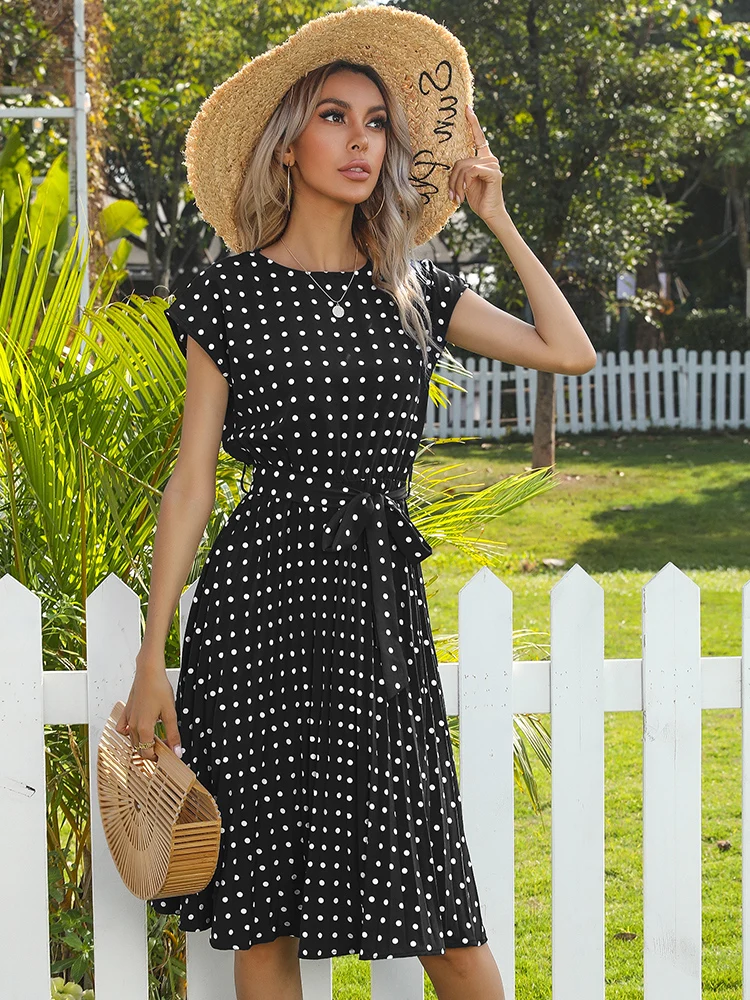 JIM NORA Women Beach Sundress Short Sleeve Polka Dot Print