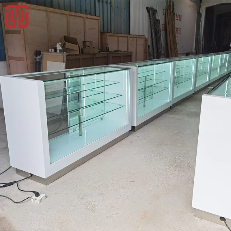 Custom high quality shop display cabinet mobile phone glass display showcase with LED light