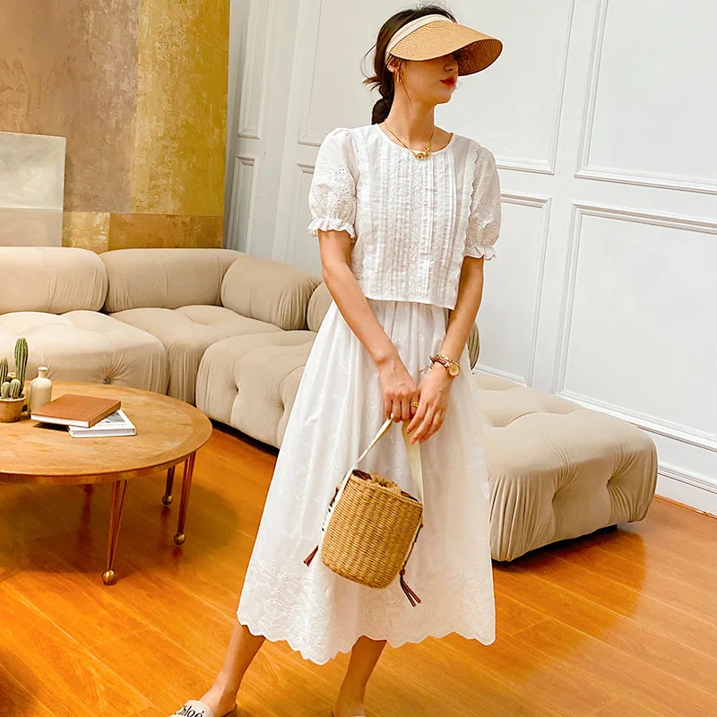 

AYUALIN Vintage Short Sleeve O-neck Shirt Casual High Waist A-line Skirts Suit Floral Embroidery Cotton Boho Skirt Set for Women