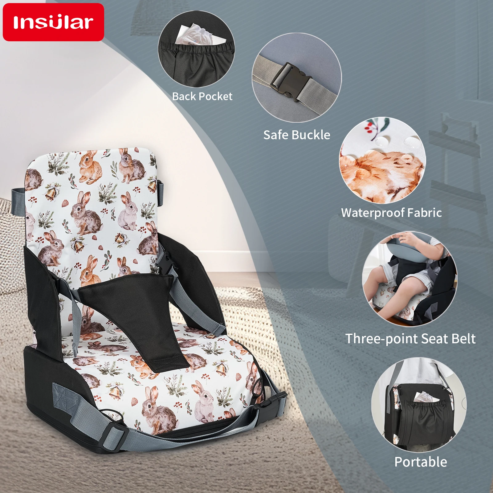 INSULAR Kids Safety Seat Booster Cushion Baby Dining Chair High Pads Children's Travel Seating Washer Foldable Portable