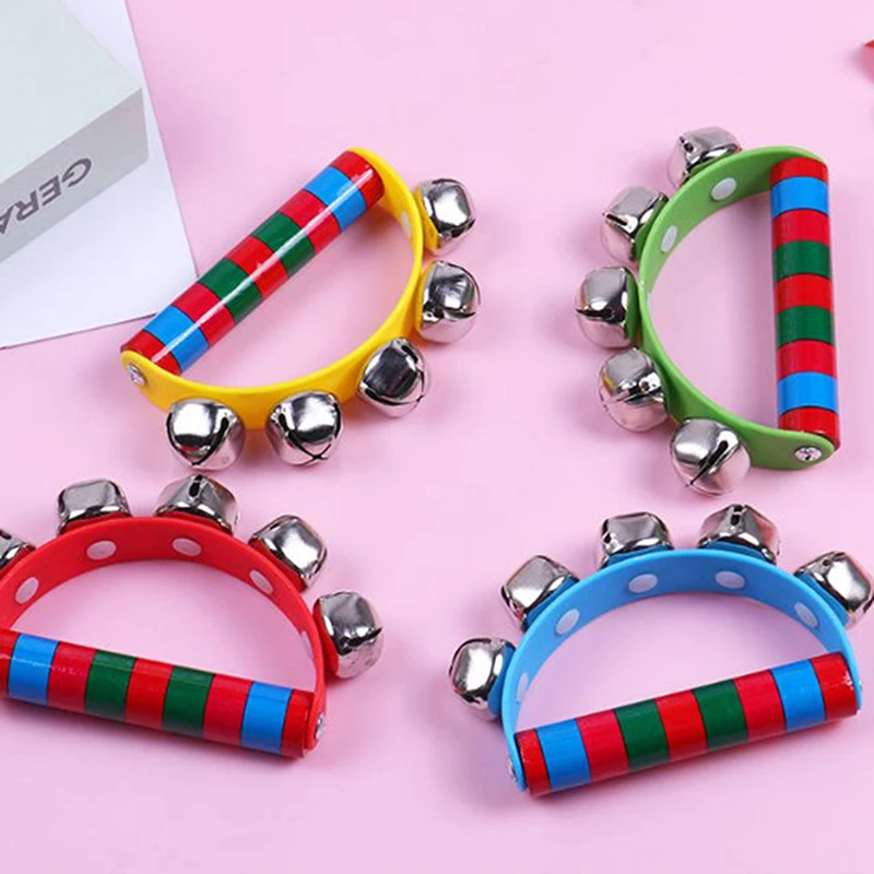 Children's Intellectual Props Handbell Hand Bells With 5 Jingle Bells Wood Handle Musical Instrument Toy For Music Class