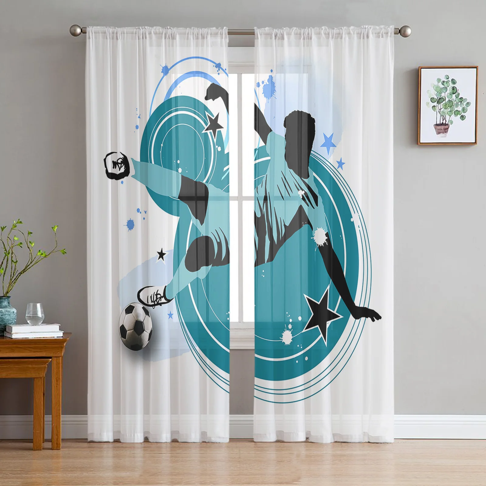 

Тюлевые шторы с силуэтом футбольного игрока, для гостиной, прозрачные Занавески для спальни, кухонные занавески вуаль, занавески