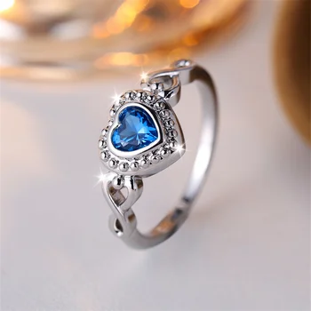 Female Love Infinity Heart Rings For Women Silver Color Blue Stone Bridal Wedding Bands Vintage Valentine Day Party Jewelry Gift