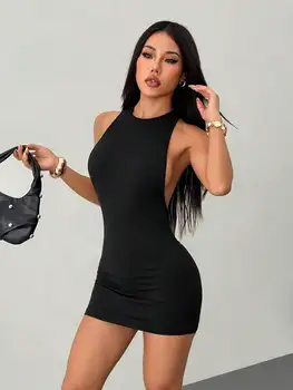 Women's Solid Color Cross Back Mini Dress Sexy Casual Maxi Evening Gown for Cocktail Prom Birthday Party 4
