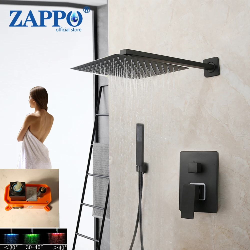 

ZAPPO Matte Black LED Bathroom Shower Faucet Set Wall Mounted Shower Head Mixer W/ Embedded Box Valve Rainfall Shower Systerm