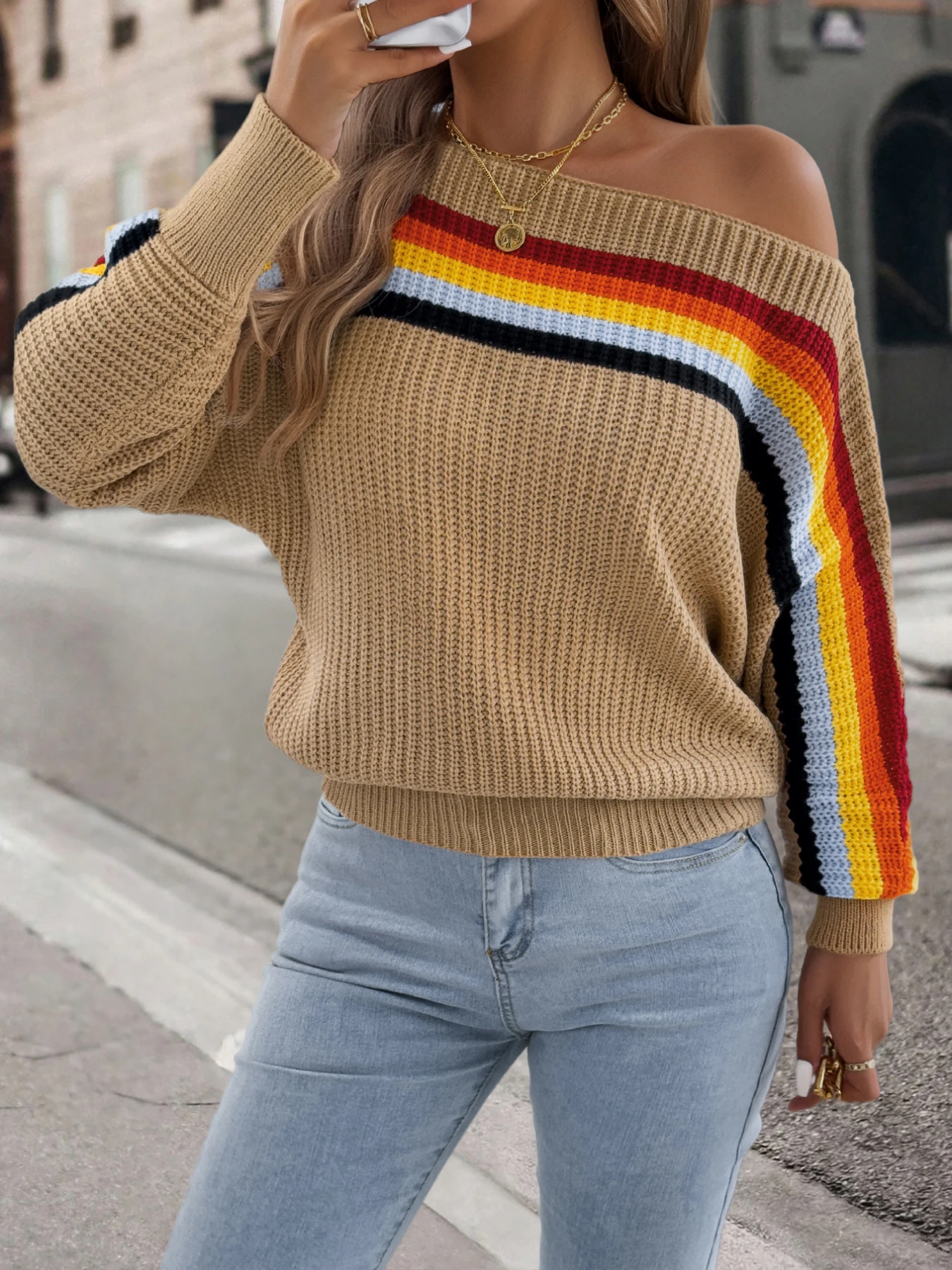 Women Autumn Winter Striped Sweaters Casual Round Neck