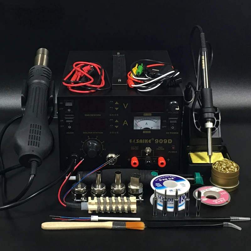 

SAIKE 909D 3 in 1 Hot air gun soldering station Rework stations Desoldering station DC regulated power supply 15V 1A