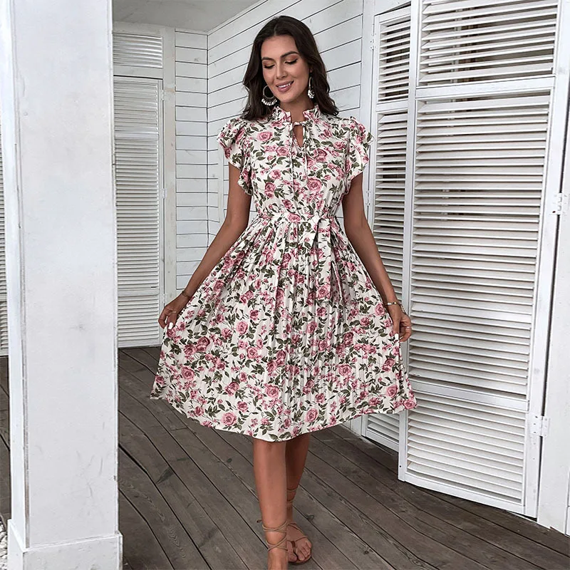 

Women 2024 New Summer Style Retro French Flowers Print Flying Sleeves Mid-length Dress Pleated Hollow Dress Women with Belt