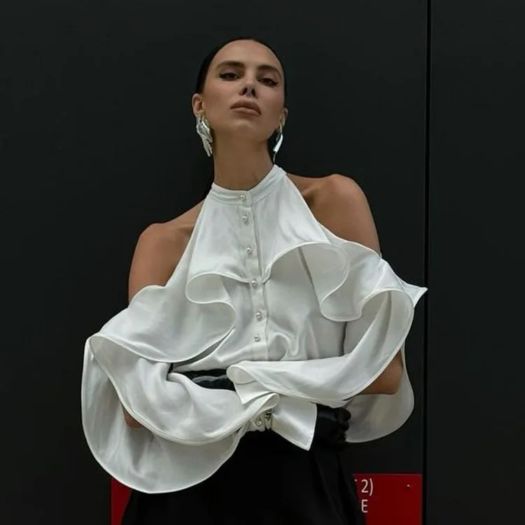 Blusa informal blanca con volantes para mujer, estilo patchwork, con hombros descubiertos, elegante, lisa, de cintura alta, estilo urbano, de verano