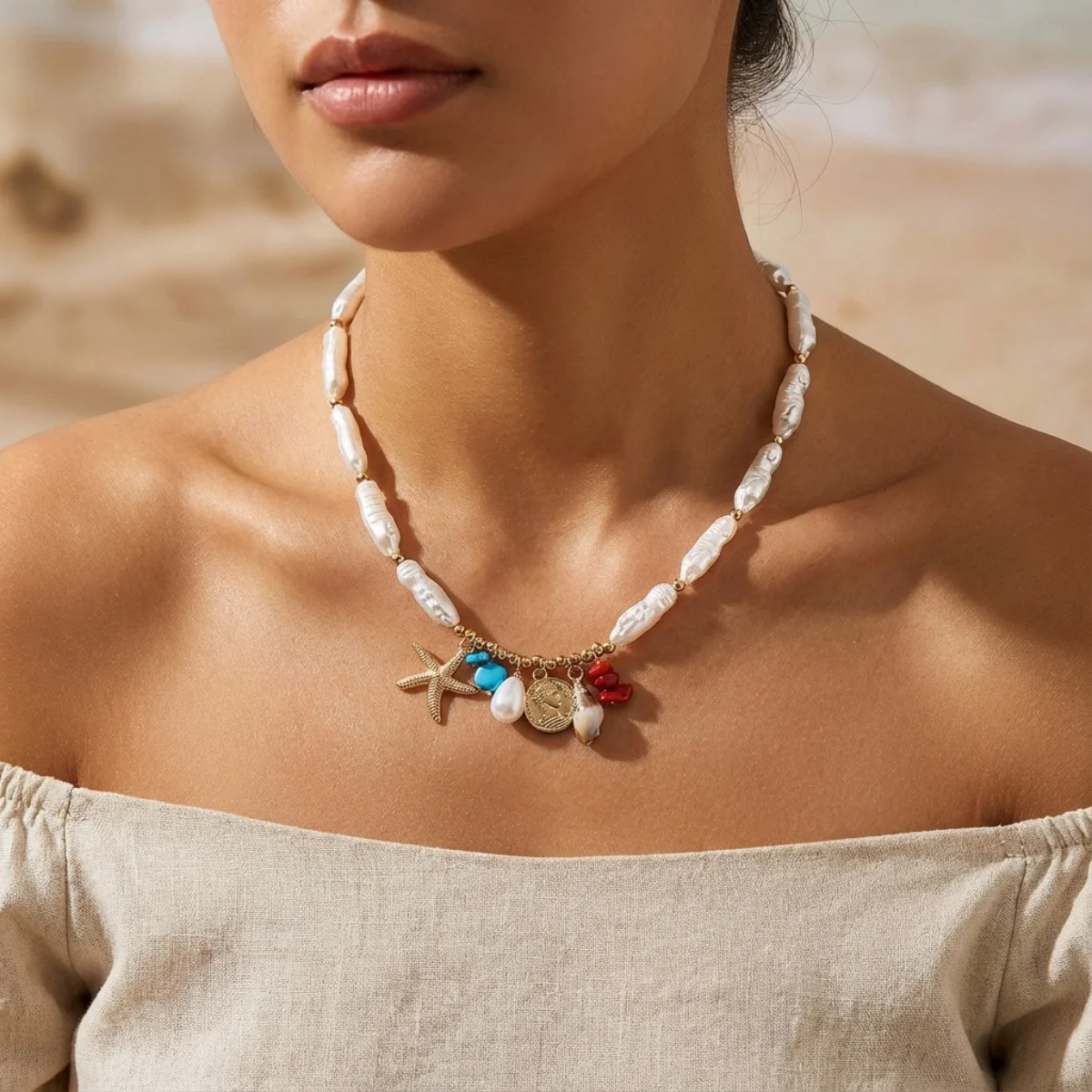 Trendy Sommer Rote Erdbeere Anhänger Halskette Für Frauen Männer Barock Imitation Perle Metall Seestern Conch Bogen Sonne Halsband Schmuck – Detail 22