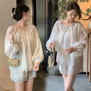 Sweet Summer Maternity Clothes Set Thin Long Seeve Beaded Lace Shirts Belly Shorts 2pcs Pants Suits Pregnant Woman Shorts Suits
