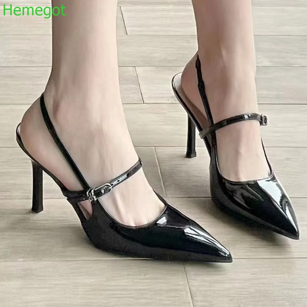 

Pointed Sexy Patent Leather Sandals 2024 Summer New Shallow Buckle Slim Strap High Heels Black 7Cm/9Cm Fashion Women Sandals