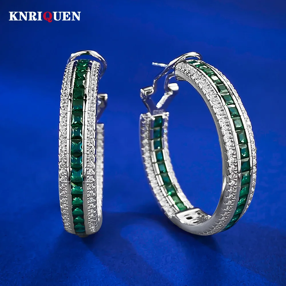 

Luxury 100% 925 Solid Silver Emerald Lab Diamond Hoop Earrings for Women Retro Gemstone Wedding Party Fine Jewelry Birthday Gift