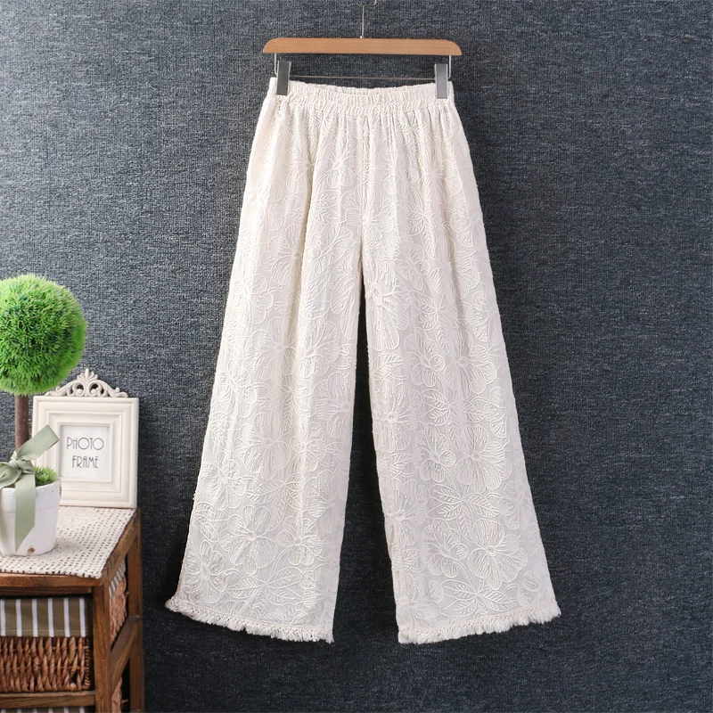 

Spring Sweet Solid Embroidered Pants Women Elastic Waist Casual Wide Leg Pants Z6709