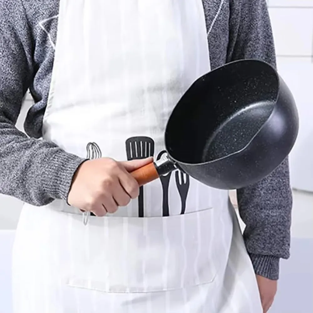 Cookware Non-Stick Milk Pot with Lid and Pour Spout Wood Handle Soup Pot Flat Bottom Japanese Style Cooking Saucepan Noodles