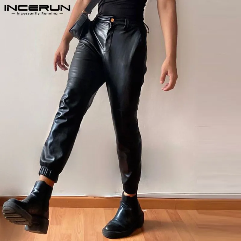 

INCERUN 2023 American Style Sexy Men's Trousers Solid All-match PU Fabric Pantalons Party Shows Male All-match Long Pants S-5XL