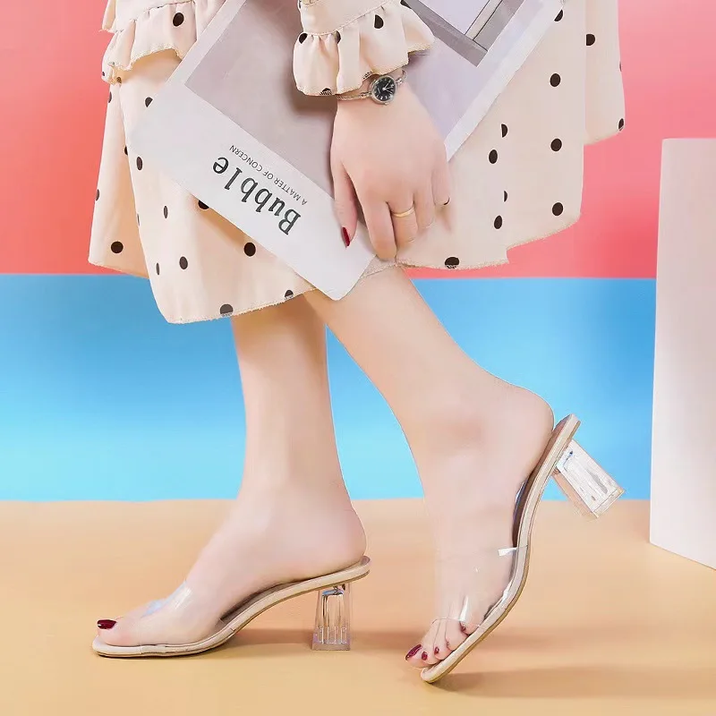 Comemore Crystal Clear Transparent Heel Slippers Female Middle Heels Comfortable Summer Women Fashion Mules Slides 42